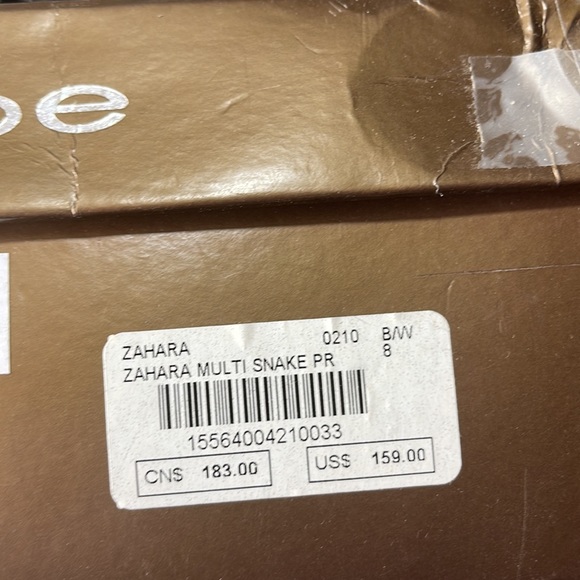 Bebe Zahara, black & white snake, open toe sling back platform stilettos, size 8 - Picture 10 of 11